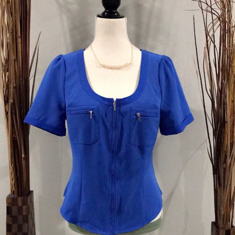 Bebe pretty blue zip up 3/4 sleeves top. NWT